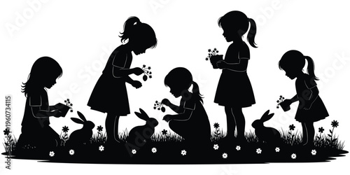 Children with rabbits silhouette illustration, nature harmony design, playful innocence scene, animal care artwork, peaceful countryside vector, flat illustration