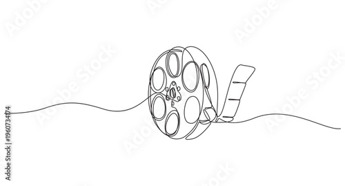 Vector illustration, One continuous line drawing of film reel with long tape. Retro old movie,One continuous line drawing of film reel with long tape,