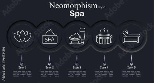 Spa set icon. Neomorphic dark interface circles with line symbols of lotus flower, spa sign board, cosmetic cream jar tube, hot bath tub steam, massage table bed.