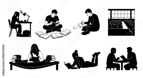 A collection of black and white silhouette illustrations depicting students studying in settings