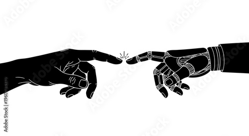 A minimalist black and white artistic representation of a human finger touching a robotic hand