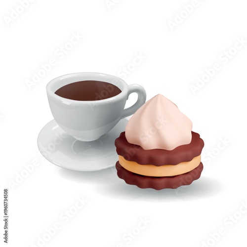 White cap of coffee 3d cartoon and cookies biscuit isolated vector illustration on white background. Coffee breakfast americano cappuccino espresso and Sweet cake dessert