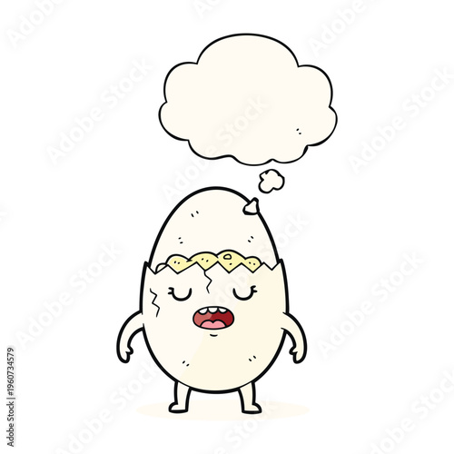 A cartoon illustration of a distressed, cracked egg character with a thought bubble above its head
