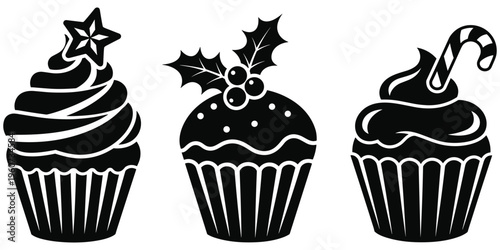 Cupcake silhouette illustration set, festive holiday dessert design, star holly  toppings, sweet bakery artwork, flat vector illustration