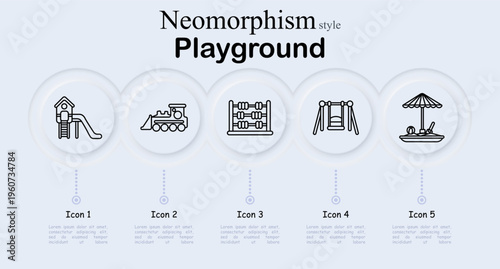 Playground set icon. Neomorphism style interface with slide playground structure, toy train locomotive, abacus frame, swing seat frame, sandbox with umbrella bucket shovel
