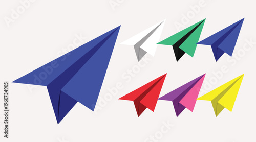 A vibrant 3d vector illustration set featuring a colorful origami crane, bird, and paper plane designed as artistic icons for business web concepts and directional arrow symbols