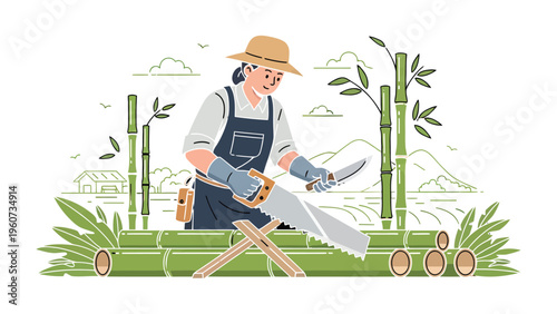 Crafting in the Bamboo Grove: An artisan, wearing a hat, meticulously saws a bamboo stalk, surrounded by lush bamboo and a serene landscape. 