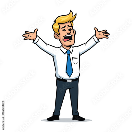 A cartoon illustration of a distressed man in a white shirt and blue tie with his arms outstretched