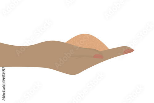 An African-American man's palm holding a handful of golden sand. Open palm and a pile of soil.
