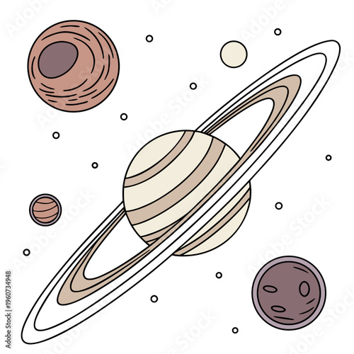 Cartoon illustration of a planet with rings and moons in a stylized colorful depiction of the solar system