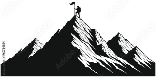 Mountain climber silhouette illustration, person reaching summit with flag, rugged peak achievement design, adventure exploration artwork, flat vector illustration