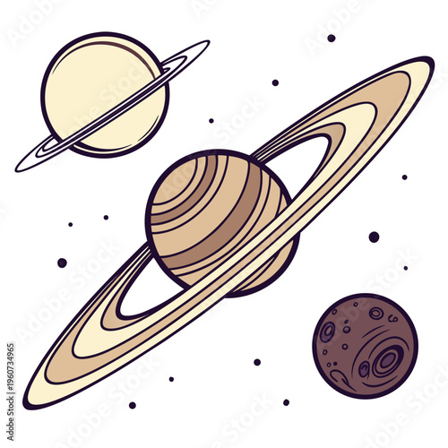 Vector illustration of planets and a moon in space with rings and craters