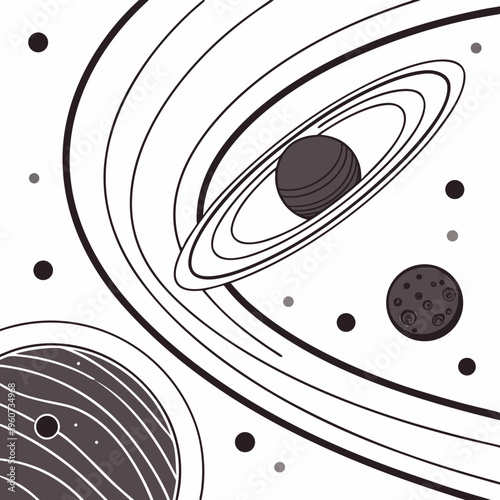 Monochrome illustration of planets and rings in outer space with celestial bodies and orbiting moons