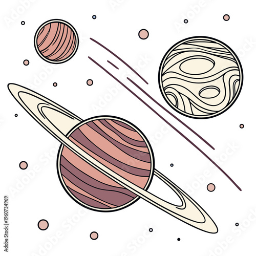 Colorful illustration of planets and rings in a stylized cosmic scene