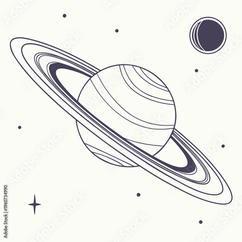 A line drawing of a planet with rings and a moon in space with stars on a beige background