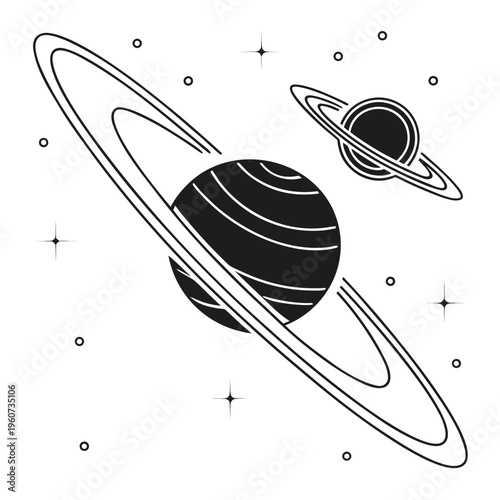 Black and white illustration of two planets with rings in space