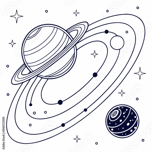A line drawing of a planet with rings and a moon in space with stars