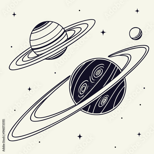 Vector illustration of planets with rings and stars in a stylized cosmic scene with celestial bodies