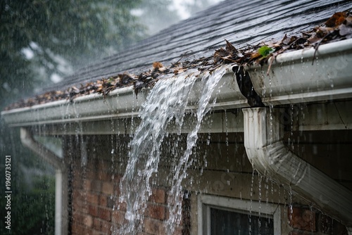  Heavy rain overflowing from a clogged roof gutter filled with autumn leaves. Home maintenance and water damage concept