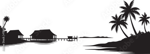 Exotic tropical getaway silhouette featuring overwater bungalows piers palm trees and distant island landscape background.