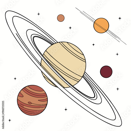 A colorful illustration of planets and rings in our solar system with stars