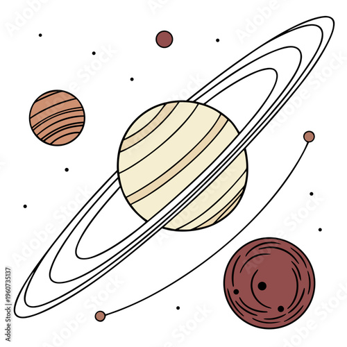 A detailed illustration of a planet with rings and moons in a cartoon style