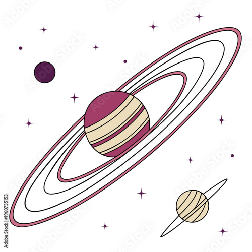 A vibrant illustration of planets and rings in a starry space scene with a