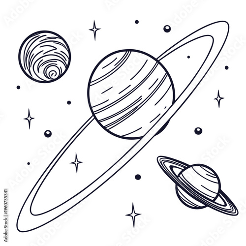 A line drawing of planets and stars in a cartoon style
