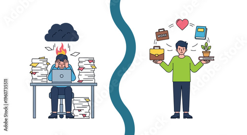 Work-life balance concept stressed employee on left, thriving person with hobbies on right