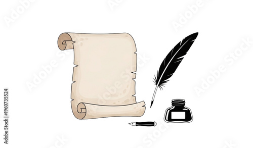 A vector graphic illustration of a scroll, quill, and inkwell on a white background