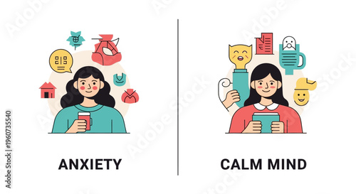 Visual exploration of mental health, contrasting overwhelming anxiety with the serenity of a calm and peaceful mind