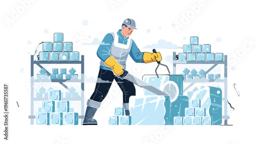 Ice artisan crafting ice blocks: An ice artisan diligently crafts ice blocks with a saw and ice tongs, surrounded by stacks of ice, demonstrating skill and dedication in a chilling icy environment.