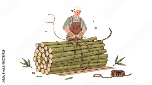 Crafting with Bamboo: An artisan skillfully binds a bundle of fresh-cut bamboo stalks, embodying the timeless artistry of a sustainable craft.