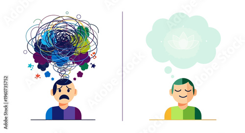 Illustration comparing a chaotic, stressed mind with a calm, clear mind in a thought bubble