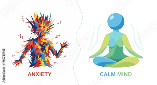 Contrasting Mental States Visual Representation of Anxiety, Stress, and Achieving a Calm, Peaceful Mind through Meditation and Well-being