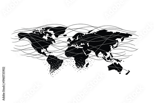 Black map with wavy lines on white background geography