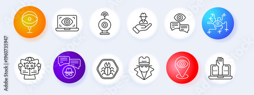 Surveillance monitoring set icon. Camera laptop webcam hand eye message bug agent location device line icons minimal outline style security technology collection.
