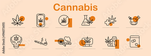 Cannabis set icon. Line symbols depict cannabis leaf, mobile app, prohibition sign, lab flask, medical cross, bong, skull symbol, smoking pipe, joint, monitor screen, medicine jar, package.