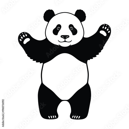 A happy giant panda standing on its hind legs with arms outstretched, black and white vector illustration on a white background