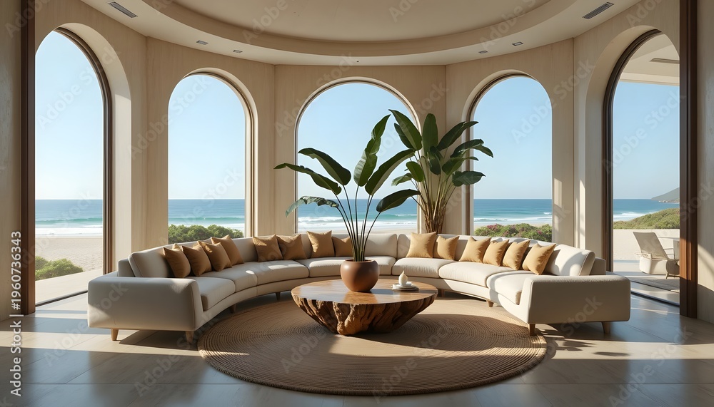 Fototapeta premium Luxurious Coastal Living Room with Ocean Views and Modern Decor.