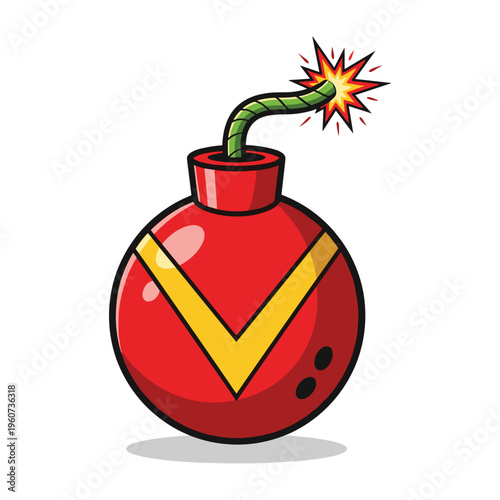 A vibrant cartoon illustration of a lit, spherical red bomb with a yellow v-shaped stripe and a sparking fuse