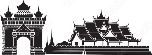 Silhouette skyline of laos patuxai and wat that luang in black vector illustration