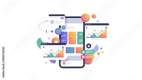 Smartphone interface displaying various analytical data charts and digital social media elements Vector