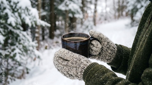 A person wearing gloves holds a cup of hot coffee in a snowy forest