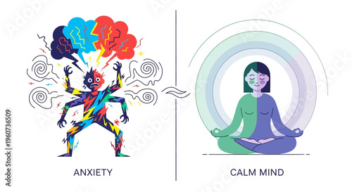 Exploring the stark contrast between intense anxiety and the peaceful tranquility of a calm mind, illustrating mental health and emotional balance