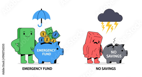 Emergency fund versus no savings illustrated by piggy banks and contrasting weather conditions