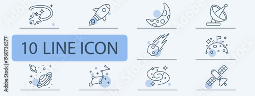 Space objects set icon. Star rocket moon satellite comet planet orbit galaxy constellation telescope astronomy universe exploration science.