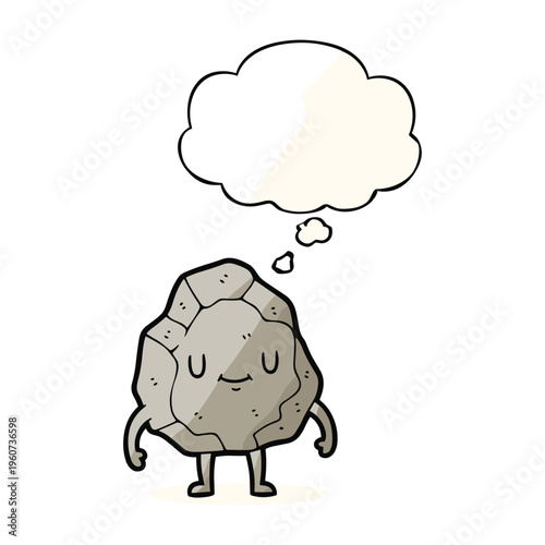A cartoon illustration of a happy rock character with small arms and legs, featuring an empty thought bubble above its head, against a white background