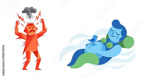 Emotional Duality Vibrant Vector Art Contrasting Explosive Anger and Stress with Serene Calmness, Meditation, and Inner Peace