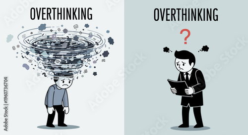 Mind in a swirling vortex of thoughts and a baffled businessman struggling with indecision, illustrating the burden of overthinking